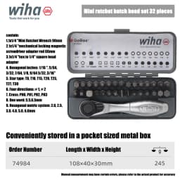 Wiha 32 Pieces GoBox Standard Batch Head Set, mini 72 Tooth Ratchet Wrench, Magnetic Batch Head 1/4 inch Precision Tool 74984
