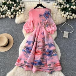 Miyake Pleated Print Dresses 2026 Summer New Round Neck Lantern Sleeve A-Line Flower Bud Dress Elegant Stretch Women's Clothing