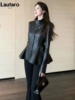 Lautaro Spring Autumn Cool Black Retro Soft Pu Leather Jackets for Women Zipper Stand Collar Elegant Luxury Designer Clothes