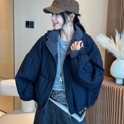 Korean Loose Hooded Plaid Patchwork Quilted Coat for Women Autumn Winter Casual Cotton Padded Jacket Women Zip Up Cropped Parkas
