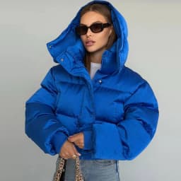 Solid Hooded Cropped Puffer Jacket Women Stand Collar Snap Button Loose Long Sleeve Jackets 2026 Winter Casual Warm Padded Coat