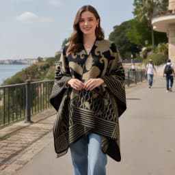 Women Geometric Jacquard Poncho Shawl Oversize Vintage Open Front Faux Cashmere Cape Autumn Winter Casual Travel Warm Wrap