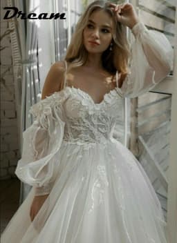 DREAM Customized Off Shoulder Lace Glitter Wedding Dresses Long Puff Sleeve 3D Flowers Boho Bride Gown 2026 Vestidos De Novia