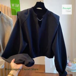 French style V-neck shoulder pads short sweater women's spring and autumn new fashion casual loose niche bottoming shirt