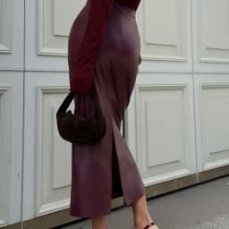 Elegant High Street Pu Leather Long Skirt 2025 Autumn Winter Fashion High Waist Burgundy Bodycon Split Open Office Lady Skirts