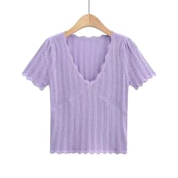 Women V Neck Knitted Crochet Tee With