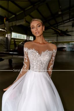 Customized Sheer Neck with Heavy Crystals Long Sleeves White Wedding Dress Organza and Tulle A-line Bling Bridal Dress