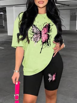 Beautiful Butterfly Pattern Print For Women Short Sleeved Shorts Set Soft Essential Two Piece Set Sports Comfortable Shorts Sets