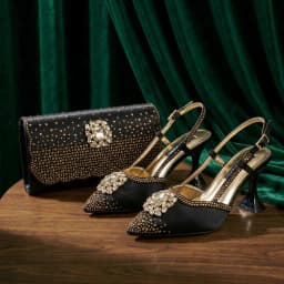 QueenYan Brown Satin Rhinestone Slingback Pointed Pumps Matching Scalloped Rhinestone Evening Clutch Bag Set Women Formal Shoes