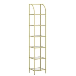 Bookshelf, 6-Tier Display Shelf, Exhibition Shelf, Tempered Glass, Standing Shelves, for Living Room, Bedroom, Gold