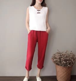 Women Spring Cotton linen Pants Plus size pencil Pants with PocketsTrousers Casual Pleated Vintage ropa coreana mujer