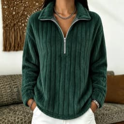 Women's Autumn Winter Turn Collar Ribbed Fleece-lined Warm Zip-up Long-sleeved Sweatshirt