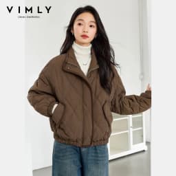VIMLY Women's Winter Quilted Padded Jacket 2026 Vintage Long Sleeve Stand Neck Ladies Parkas Short Warm Cotton Female Coat M9378