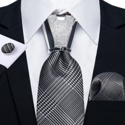 DiBanGu Business Plaid Black Solid Luxury Elegant Silk Ties for Men Designer Tie Buckle Handkerchief Cufflinks Wedding Accessory