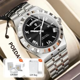POEDAGAR Luxury Man Watch Waterproof Luminous Week Date Wristwatch For Men Stainless Steel Fashion Quartz Men's Watches+Box Gift