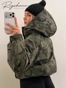 Camo Print Hooded Puffer Jacket Chic Zip Up Stand Collar Elastic Cuff Warm Cropped Coat 2026 Women Winter Commute Street Jackets
