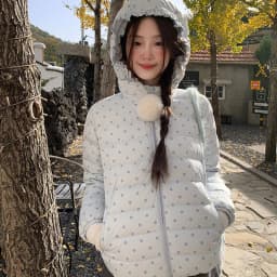 Korean Cropped Polka Dot Hooded Cotton-padded Jacket Women Zip Up Casual Winter Warm Outerwear Woman Sweet Cute Puffer Jackets