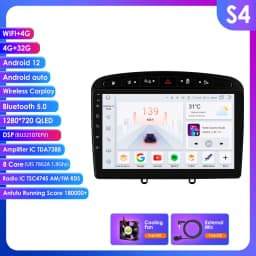 Hizpo 9inch 2Din Wireless CarPlay Android Auto Car Radio for 308 308S 408 2012 - 2020 Headunit DSP RDS BT 4G GPS Navi 360° CAM