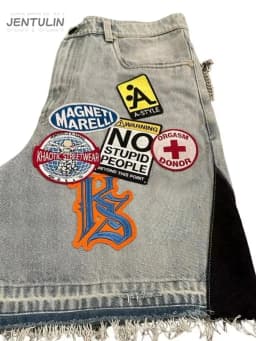 Retro Blue Streetwear Patchwork Denim Short Y2K Jeans Men Women Hip Hop Cartoon Graphics Loose Metal Denim Fitness Casual Shorts