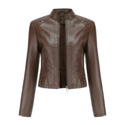 Women's Rivet PU zipper Leather Coat, Black Motorcycle Jacket, Standing Collar, Korean Punk Rock Fashion, Autumn and Winter