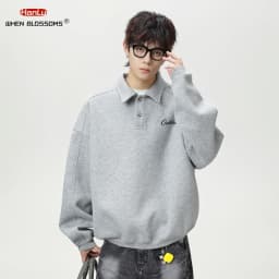 HANGLU 2025 Men's Oversized Collar Sweatshirt Vintage Button Placket Long Sleeve Polo Pullover Loose Fit Streetwear Top