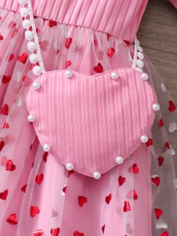 Gift bag! Round neck bubble sleeve pearl gauze dress Love gauze Valentine's Day and wedding partyFor children aged 4-7