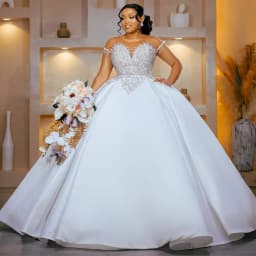 Graceful Plus Size Wedding Dresses For Bride Detachable Train Mermaid Ball Gown Sheer Neck Short Sleeves Beaded Bridal Gowns