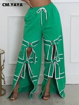 CM.YAYA Fashion Women Striped Patchwork Bowknot Split Wide Leg Jogger Pants 2025 Summer Active Sporty Classic Trousers