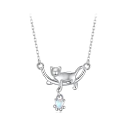 WOSTU 925 Sterling Silver Cute Cat Moon Pendant Necklace For Women, reamy Moonstone Zircon Charm Necklaces Special Gift For Her