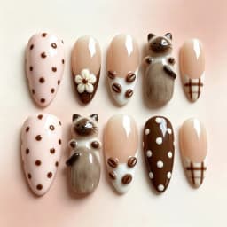 30pcs Sweet Pink Almond False Nails Cartoon Cat Music Note Polka Dot Butterfly Pattern Press On Nails French Style Manicure Art