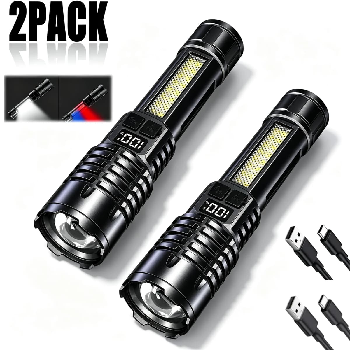 High Power LED Flashlight Portable Zoom Torch Type-C Rechargeable Waterproof Light with COB Side Lamp for Outdoor Camping Hiking