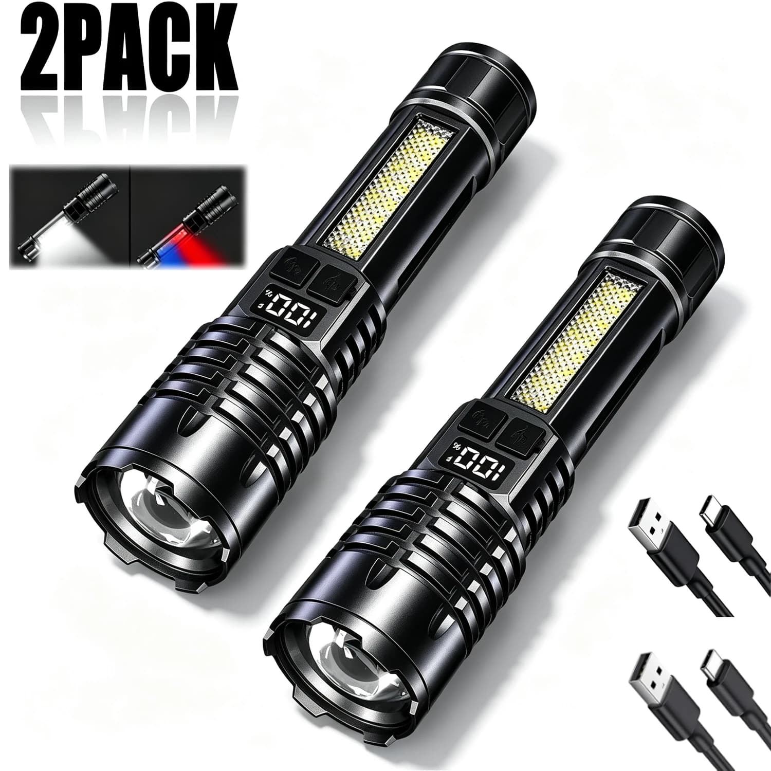 High Power LED Flashlight Portable Zoom Torch Type-C Rechargeable Waterproof Light with COB Side Lamp for Outdoor Camping Hiking