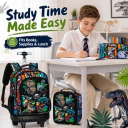 21 Inch Kids Rolling Backpack 3Pcs Set Colorful Dinosaur Print Wheeled Trolley School Bag with Lunch Box Pencil Case for Boys