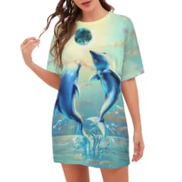 Whale Dolphin 3D Print Dress Summer Scenery Beach Style Ocean Vegan Dress Oversized Women Casual Short Sleeve Graphic Dresses