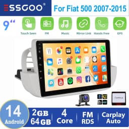 ESSGOO 2 DIN For Fiat 500 2007-2015 White 9" Apple Carplay Android auto Car Stereo Radio GPS WIFI SWC BT Mirror Link Android 14