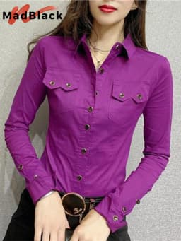 MadBlack New Spring Women's Long Sleeve Green Shirts Autumn Office Lady Pocket Blouses Women Button Up Tops 2026 T33111Z