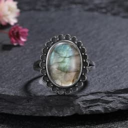 Silver Ring for Women Oval Round Natural Labradorite Ring Gift Sun Shaped Retro Luxury Fine Jewelry