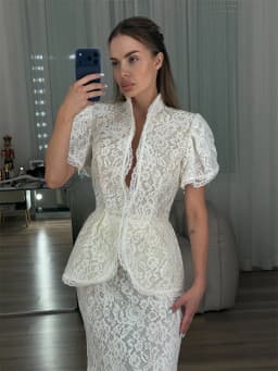 Kyoto Customized White Jacquard Floral Lace Puff Sleeve Wedding Dress High Neck Vestidos De Noche Floor-Length Robe De Mariée