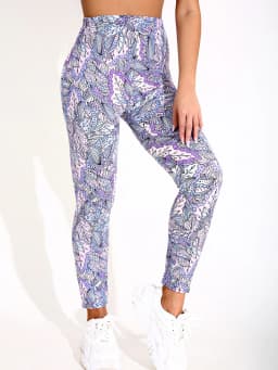 Purple Pink Leaf Printed Casual Tight Pants For Women High Elasticity Fitness And Yoga Pants Sexy Nine Point Pencil Pants