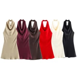 Silk Satin Dress Hanging Neck Collar New Summer Women's Fashion Soft A-Line Skirt High Waist Thin Material No Sleeve