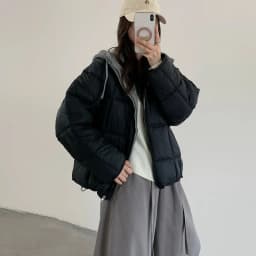 Korean Knit Hood Patchwork Short Puffer Jacket Women Loose Lightweight Warm Padded Parkas Women Solid Color Zipper Winter Jacket