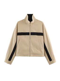 Elegant Contrast Jacket Women Loose Full Sleeve Stand Collar Button Jackets Female 2026 Fashion Autumn Outwear Lady