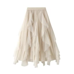 Women's Lotus Leaf Edge A Line Fairy Elastic Waist Tulle Skirt Midi High Waist Mesh Dress Solid Color Irregular Yarn Skirt D8808