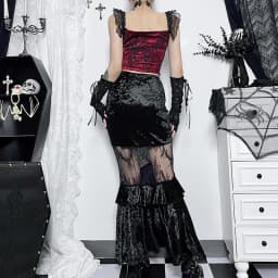 Goth Dark Ruched Vintage Gothic Aesthetic Velvet Skirts Grunge Mesh Splice Sexy Mermaid Skirt Women High Waist Elegant Partywear