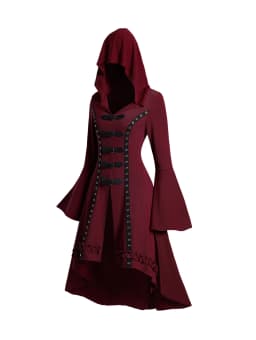 2024 Women's Fall Winter Grommet Gothic Hooded Top High Low Hem Buckle Flare Sleeve Frilled Tops Long Sleeve Hoodie Top