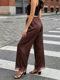 Women's Loose Pants Solid Color Elastic Waist Lace Patchwork Wide Leg Pants Casual Lounge Trousers New