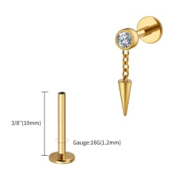 Right Grand ASTM F136 Titanium Bezel CZ Dangle Cone Labret Cartilage Earring Conch Helix Stud Tragus Spike Chain Drop Earring