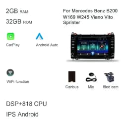 DSP Carplay 8" Android 12.0 128GB+8G car Radio autoradio multimedia For Mercedes Benz W169 W245 Viano Vito Sprinter B200 Crafter