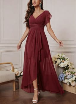 Chiffon Dress with V-Neck, Lotus Leaf Sleeves, High Waist, Pleated, Flowing Skirt, Bridesmaid Dress, French-Style Long Evening Gown