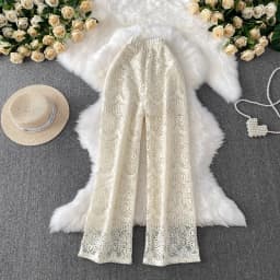 Summer Straight Pants for Women's 2025 New Bottoms High Waist Fashion Hollow Out Thin Pantalon Femme Korean Lace Trousers 63e165